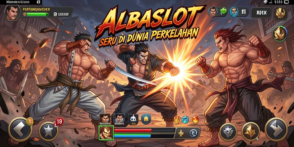 Tampilan gameplay ALBASLOT dengan pertarungan seru dan karakter unik.