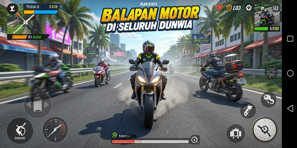 Screenshot gameplay KAKA303 menampilkan aksi balapan motor yang mendebarkan.