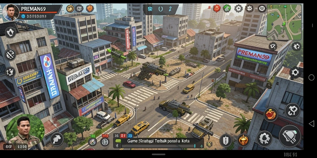 Tampilan screenshot game PREMAN69 menampilkan pertempuran seru dan pembangunan kota strategis.