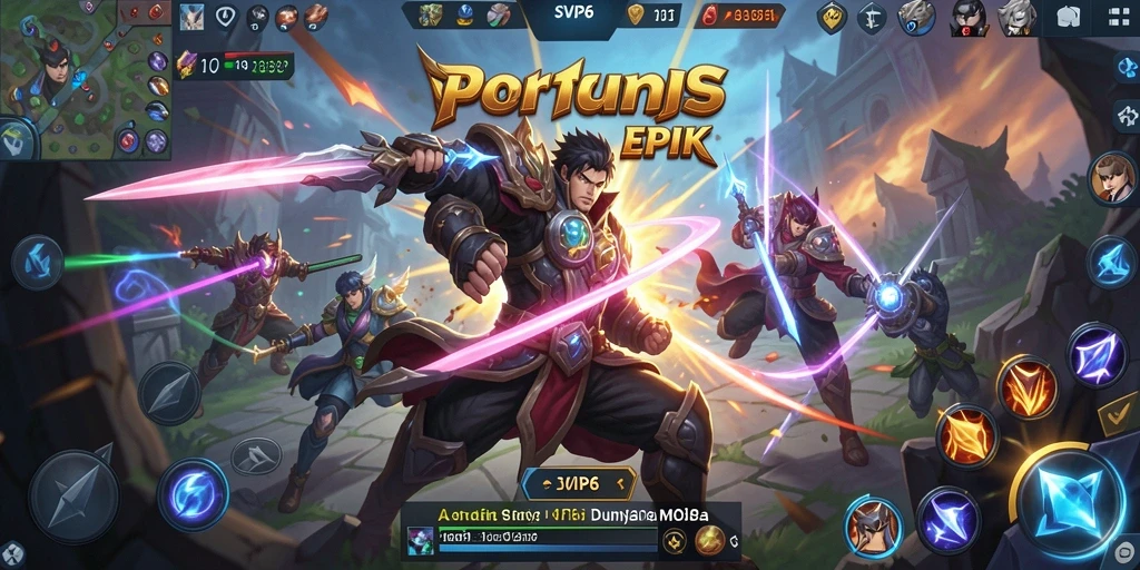 Tangkapan layar utama gameplay SVIP6 yang menampilkan aksi pertarungan MOBA