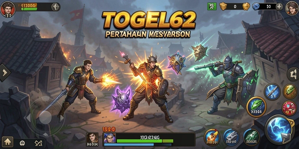 Screenshot gameplay TOGEL62 menampilkan serangan menara melawan gelombang musuh.